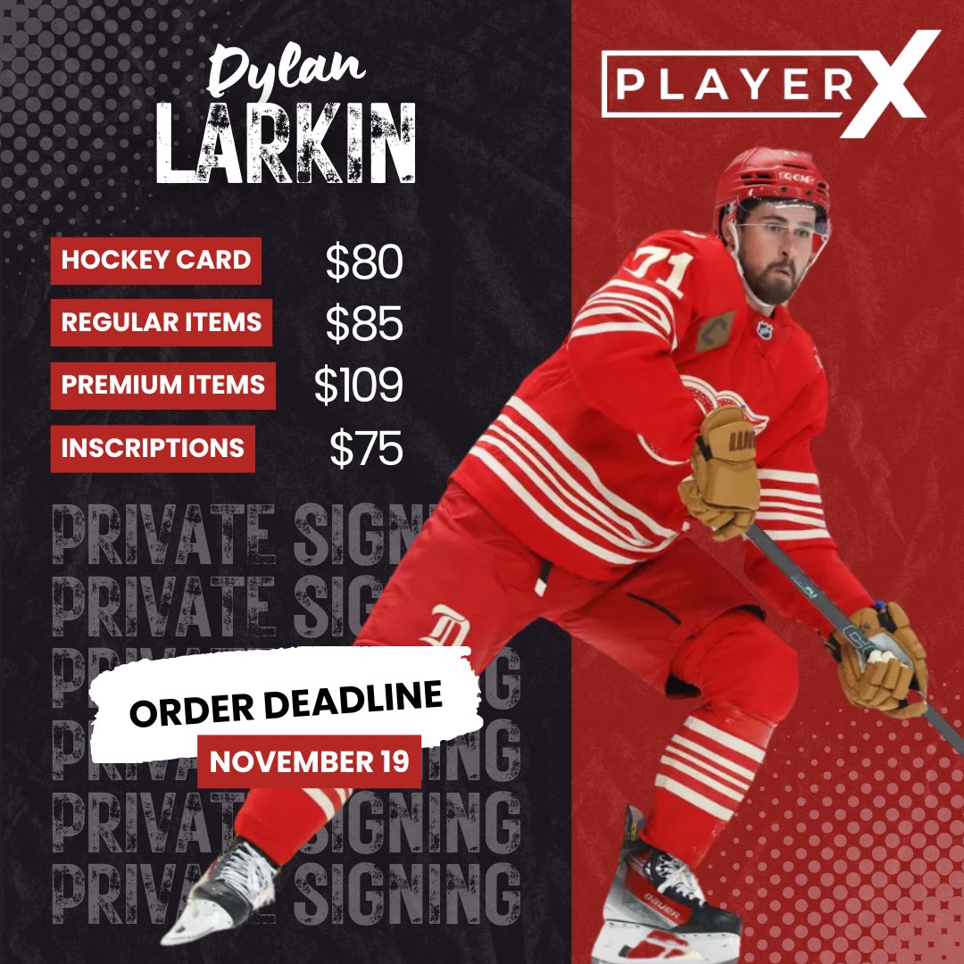 playerxca's tweet photo. ✍🏽 New signing opportunity with Detroit Red Wings captain Dylan Larkin
🗓️ Pre-Order Deadline: November 19

Full details here: https://t.co/h3gV9uLS6I

#hockeytown #lgrw #redwings100 #hockeymemorabilia #autographs #signedjersey https://t.co/b0sByughaM