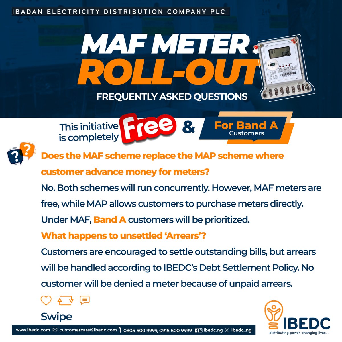 IBEDC_NG's tweet image. Take charge of your electricity usage with the MAF Metering Initiative.
Here’s everything you need to know.

#Smartmetering #MAFmetering #Freemeters #IBEDC #distributingpower #changinglives