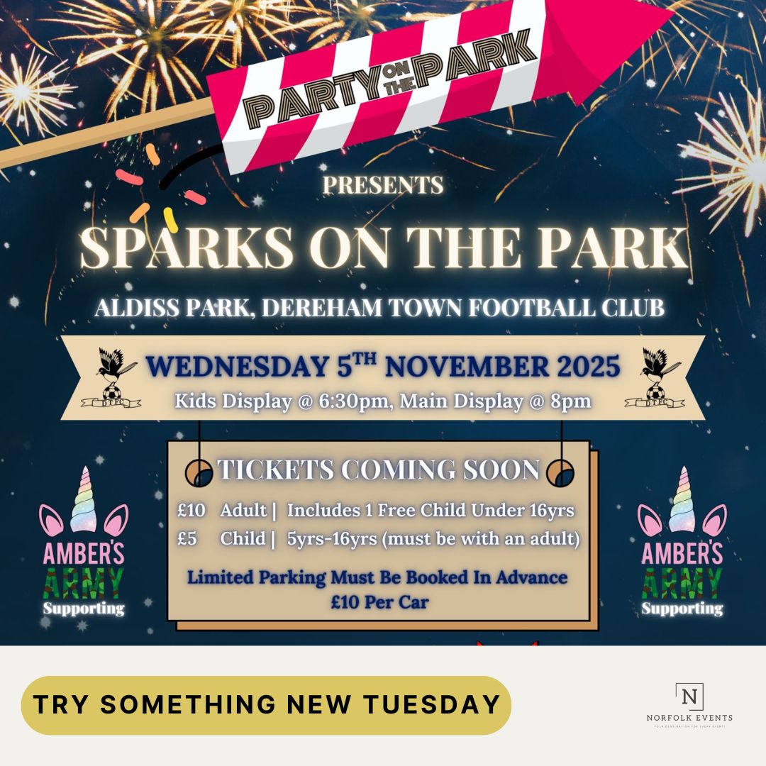 Try Something New Tuesday! 🎆 
Join Sparks in the Park at <a href="/DerehamTown/">Dereham Town</a> this Guy Fawkes Night for 2 fireworks shows (6:30 &amp; 8 PM), funfair rides, food &amp; family fun! Tickets on sale now. norfolkevents.uk/event/sparks-i…
#SparksInThePark #GuyFawkesNight