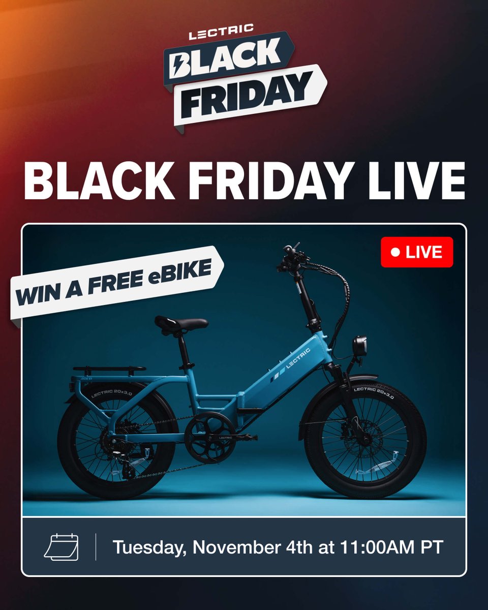 lectricebikes's tweet image. 🚨 It’s almost time for another Lectric LiveStream! 🚨

Tune in tomorrow, 11/4 @ 11AM PT on Facebook or YouTube for the best deals of the year and some Black Friday fun! 🎉

Leave a comment for your chance to win a FREE eBike! 🥳

You don’t want to miss this one! ⚡️