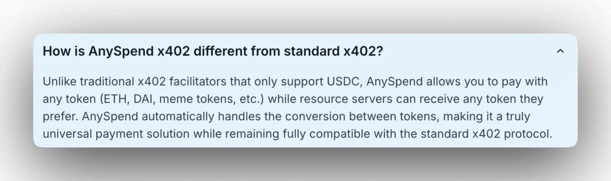 upside of AnyX402:
allows you to pay with any token while resource servers can receive any token they prefer.

learn more here: anyspend.com/x402