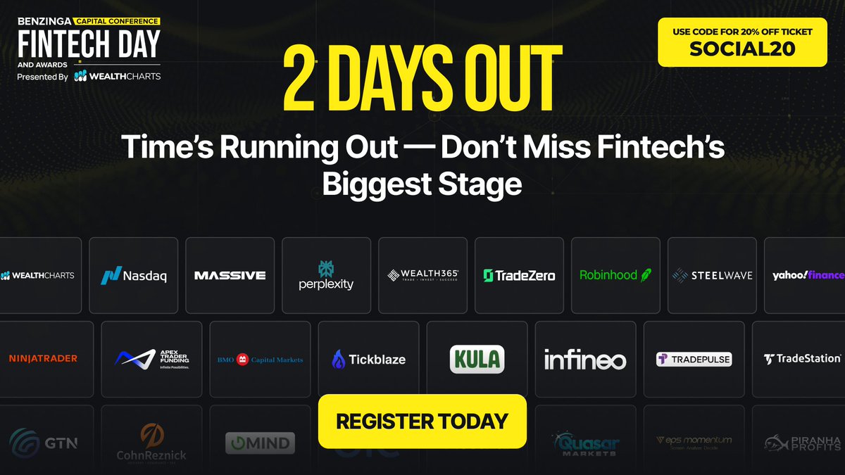 ⚡ Only two days left until #Fintech Day &amp; Awards!

This is your chance to meet the innovators redefining finance and tech—from AI to digital banking to emerging investments.

Be part of the future. Use code “SOCIAL20” to save your seat: benzinga.swoogo.com/fintech-awards…
