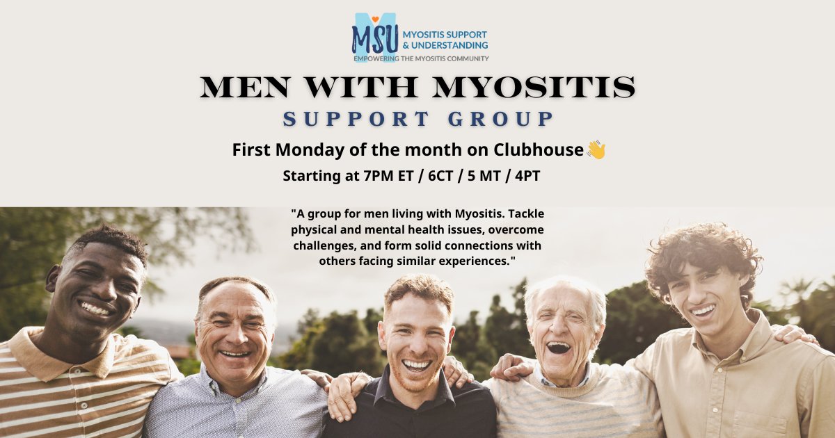 MyositisSupport's tweet image. Men with Myositis Clubhouse Support Room! First Monday of the Month 7 PM ET Connect with other men living with myositis to discuss health, barriers, and shared experiences.  More info: understandingmyositis.org/event/ch-mens-…  Download Clubhouse, create an account, and join us! #MSU #myositis