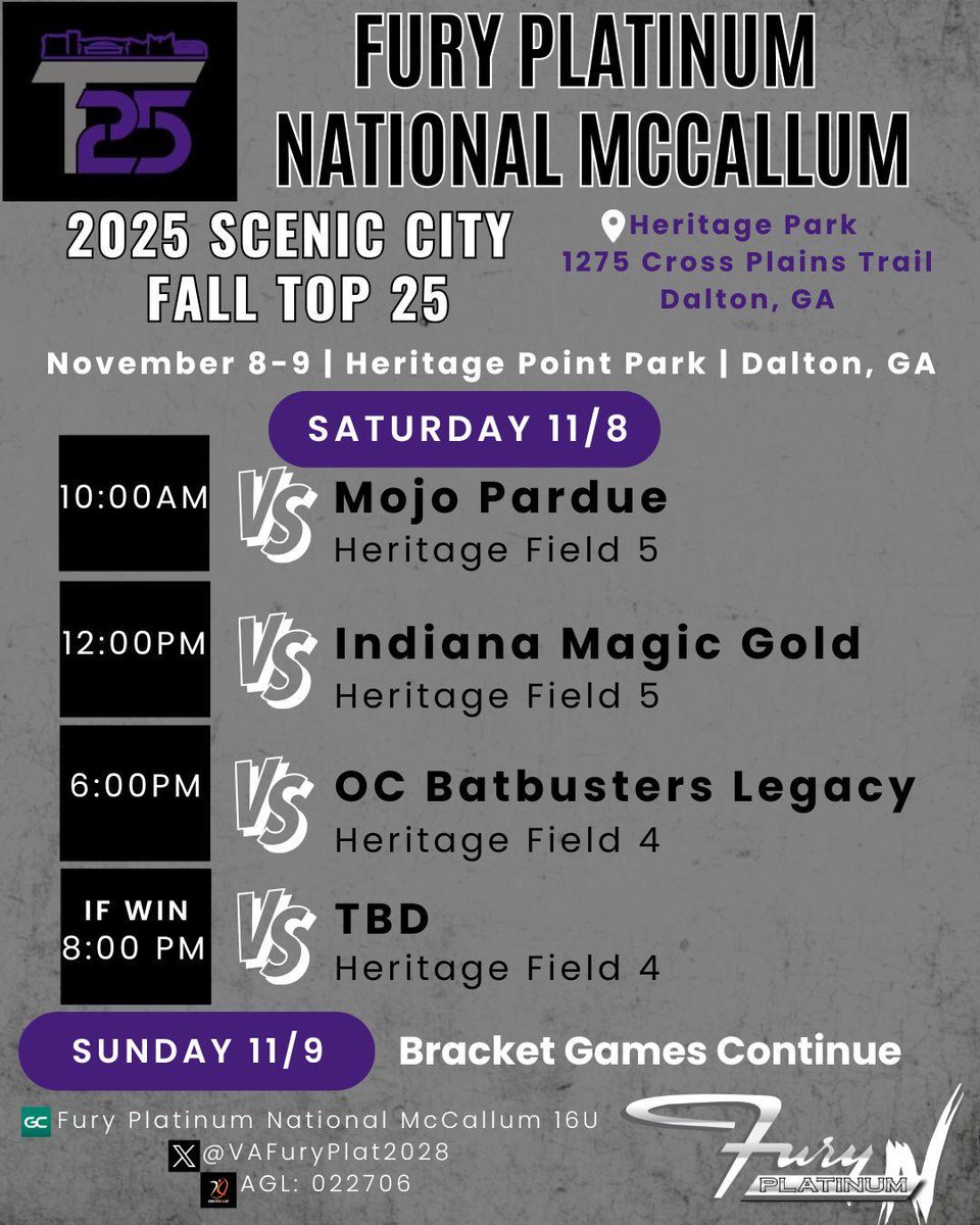 📍Next up - Dalton, GA  
Top25 @ Scenic City never disappoints, come check us out at Heritage Park this weekend! 👀 
#T25 | #PlatinumProud
<a href="/ConnectSports_/">Connect Sports</a> <a href="/thealliancefp/">The Alliance Fastpitch</a> <a href="/CoachRyan_M/">Ryan McCallum</a>