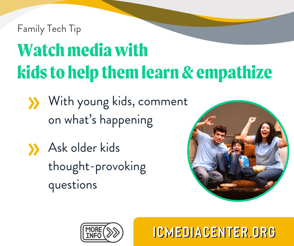 Kids spend 1,600+ hours a year on screens. Tech shapes how kids think, feel, and connect, often in ways that harm learning and empathy. Kids need YOU to connect the dots! Watch media together. See International Children’s Media Center for tips. hubs.la/Q03MjZXN0