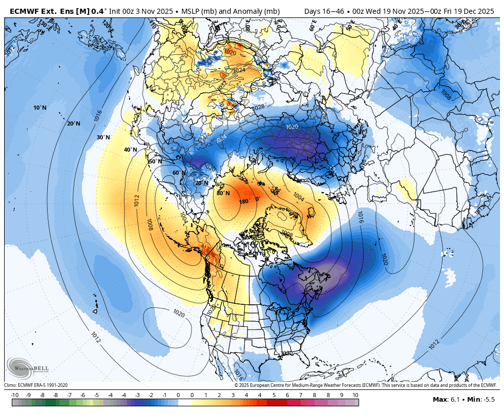 webberweather's tweet photo. This winter seems to be intent on following the cool ENSO/eQBO/solar max paradigm of early winter -AO/-NAO

I replicated Gray et al (2004)'s analysis except used SLPa from 20CR &amp; isolated -ENSO (left), which is close to the latest Euro weekly fcst (right)
https://t.co/fPHHcT8K9z https://t.co/cCfTLaslyq