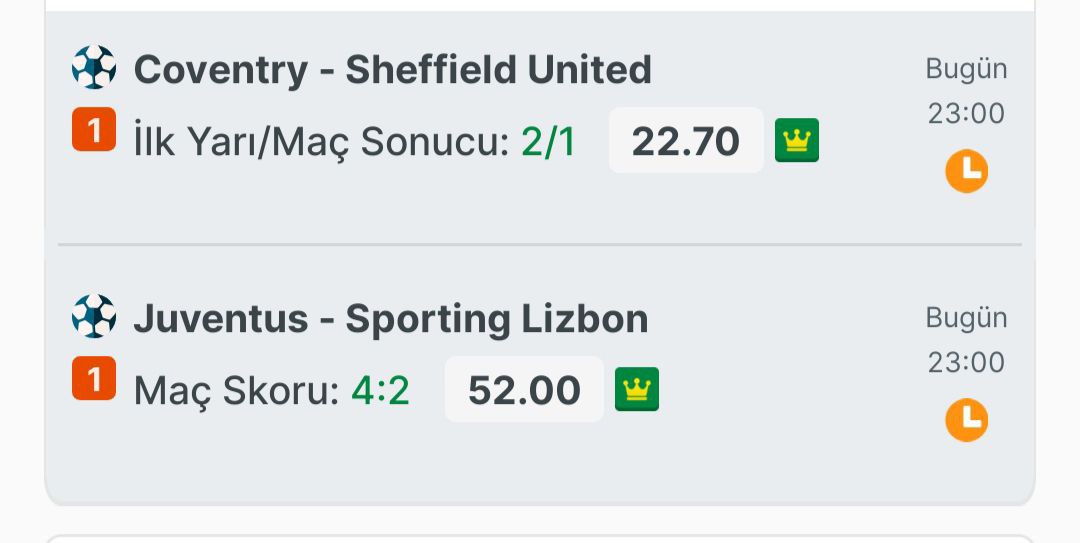 İYİ GECELER

Coventry - Sheffield United   2/1 MS SKOR 4-2
Juventus - Sporting Lizbon     2/1   MS SKOR 4-2
TOPLAM GOL +6

TEKLİ VE 2 Lİ  KOMBİNASYONLAR