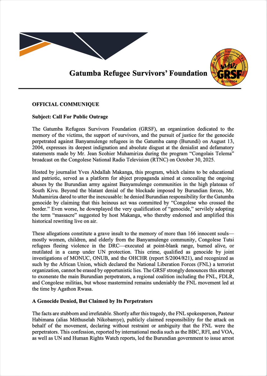 Gatumbasurvivor's tweet image. GRSF strongly condemns all forms of denial and distortion of the Gatumba genocide committed on August 13, 2004, against the Banyamulenge, Tutsi Congolese community. The deliberate attack of innocent men, women, and children at the Gatumba refugee camp remains one of the darkest…