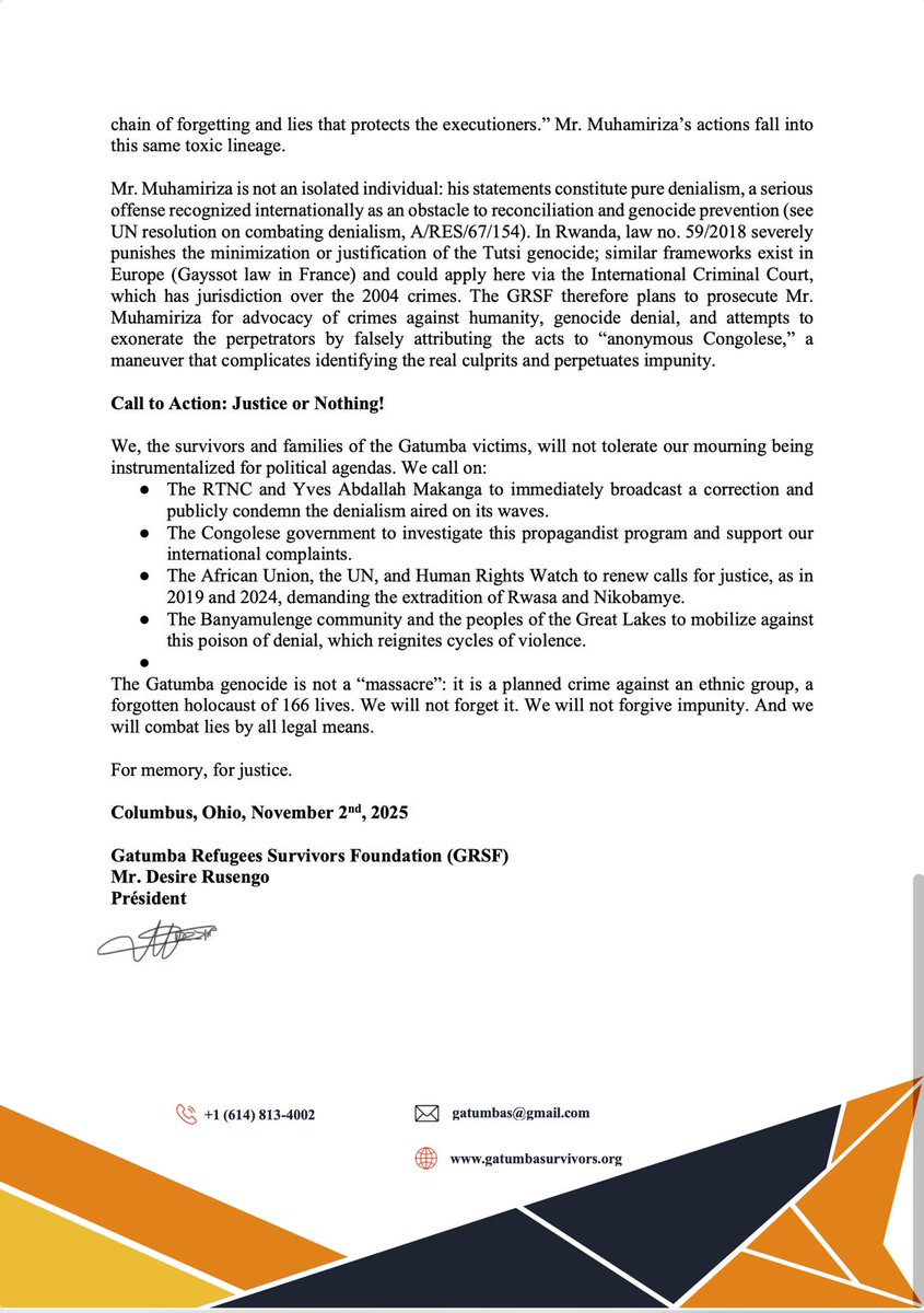 Gatumbasurvivor's tweet image. GRSF strongly condemns all forms of denial and distortion of the Gatumba genocide committed on August 13, 2004, against the Banyamulenge, Tutsi Congolese community. The deliberate attack of innocent men, women, and children at the Gatumba refugee camp remains one of the darkest…
