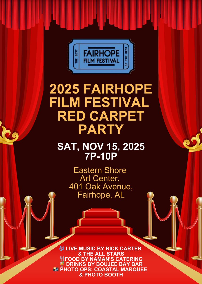 2025 FAIRHOPE FILM FESTIVAL RED CARPET PARTY 

🎬 Celebrate standout films, filmmakers &amp; fans with live music, food, drinks &amp; cinematic magic!

🗓 Sat, Nov 15 | 7–10 PM
📍 Eastern Shore Art Center

🎶 Rick Carter &amp; the All Stars (Bluegrass &amp; Americana vibes)🍹 
#FairhopeFilmFest