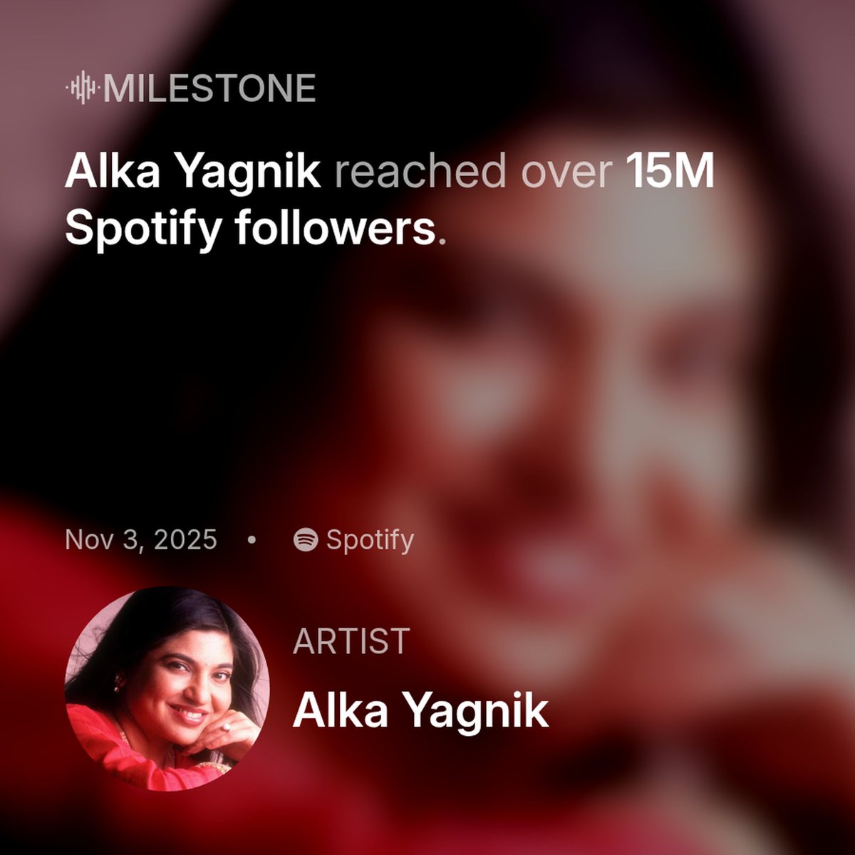 Alka Yagnik (<a href="/thealkayagnik/">Alka Yagnik</a>) reached over 15M Spotify followers.