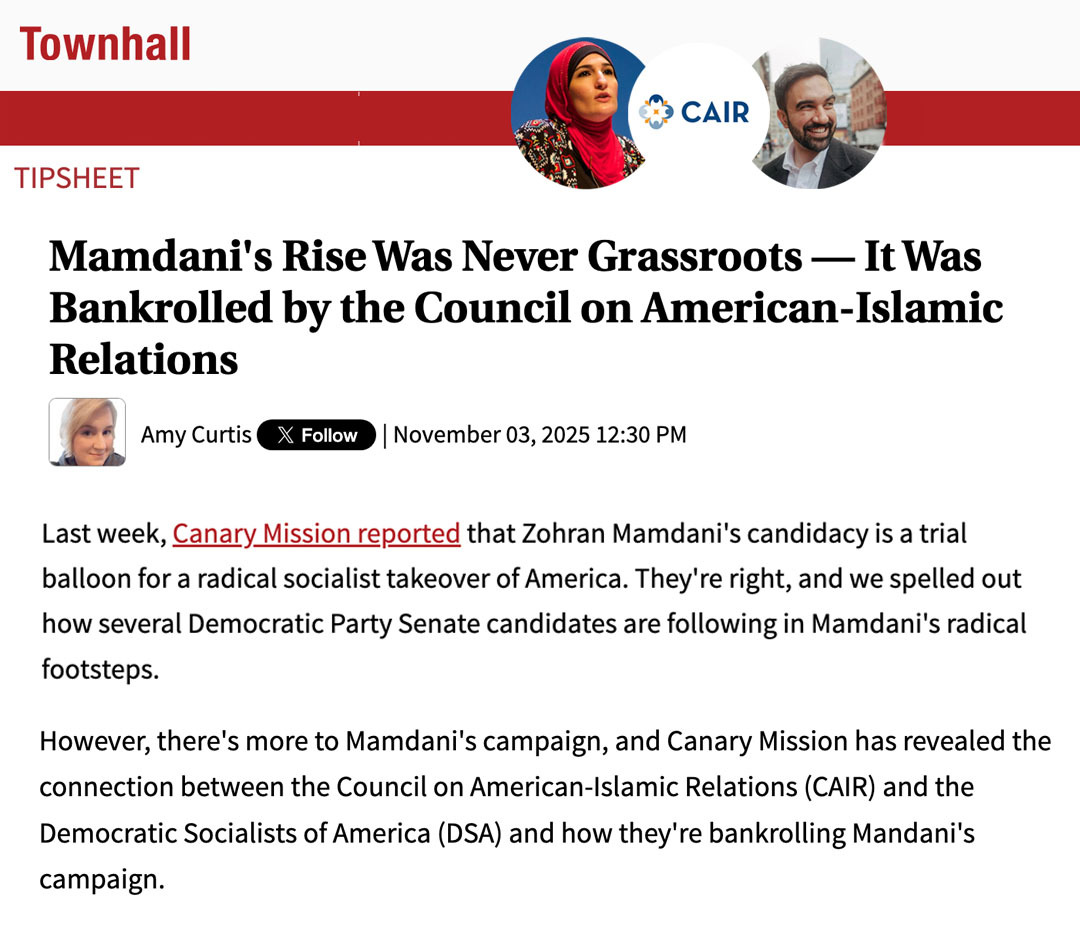 🔥Powerful piece by <a href="/RantyAmyCurtis/">Amy Curtis</a> using Canary Mission’s latest reveal, exposing the CAIR- and Linda Sarsour-linked funding network behind Zohran Mamdani’s rise and the growing capture of New York and American politics.