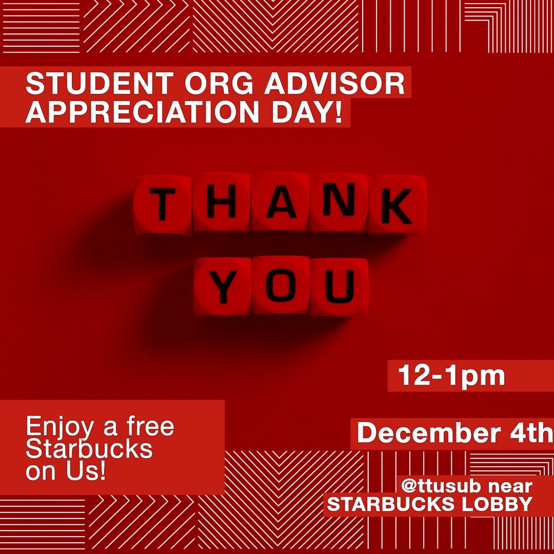 We're just one month away from our Advisor Appreciation Event! 🎉 🙌 Mark your calendars and help us celebrate the amazing support they provide! 💼❤️

#AdvisorAppreciation #ThankYouAdvisors #TTUInvolved