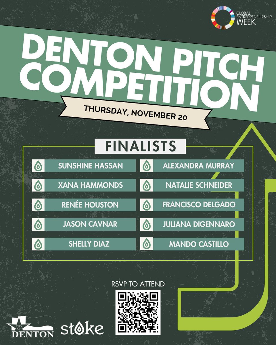 We’re thrilled to announce the top ten finalists for the Denton Pitch Competition 2025! 
Come cheer on these incredible entrepreneurs Thursday, November 20 at 5pm at Sunago Bell as they pitch their ideas for a chance to win one of four cash prizes.
Congratulations finalists!
