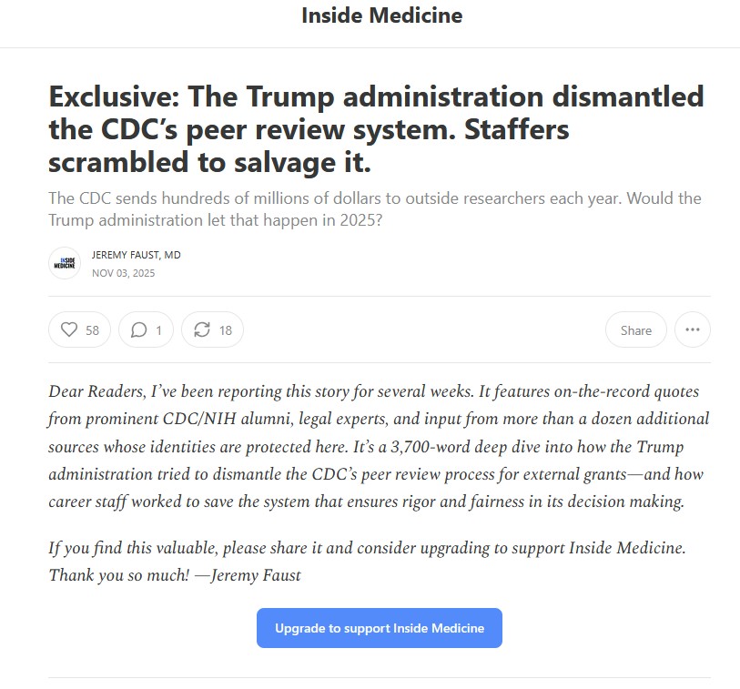 greg_folkers's tweet image. Inside Medicine: Exclusive: The Trump administration dismantled the CDC’s peer review system. Staffers scrambled to salvage it.   

by @jeremyfaust 

bit.ly/4oP7fcX
@CDCgov 
@HHS_Jim