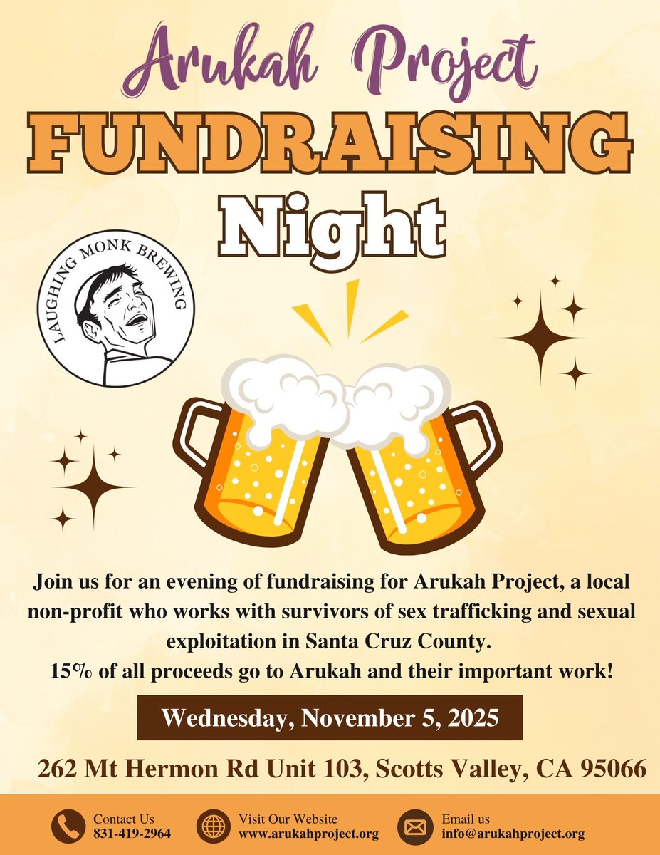 Arukah_Project's tweet photo. 🍻 A Night to Celebrate Community, Compassion &amp; Good Beer 🍻

We’d love for you to join us for our second monthly fundraising night at Laughing Monk Brewing &amp; Gastropub, an incredible partner of ours that continues to help us rescue victims of sex trafficking and exploitation! https://t.co/hc7enX6Elw