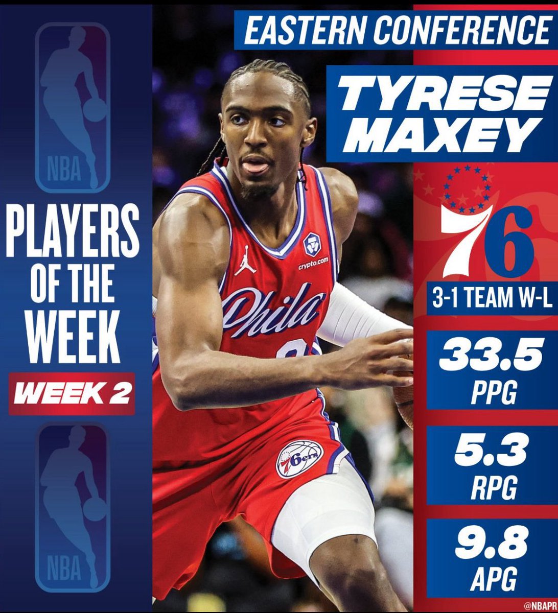 ON FIRE ! 🔥🔥

<a href="/TyreseMaxey/">Tyrese Maxey</a> He's playing at an impressive level. Well deserved the distinction.

#NBA