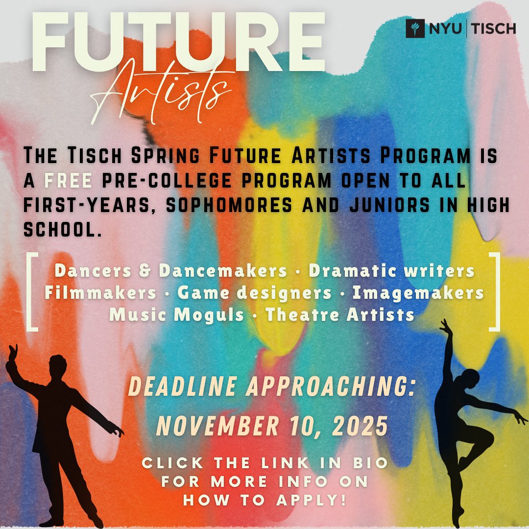 tischsp's tweet image. 📢 High school artists — this is your chance to train with Tisch faculty and connect with peers who share your passion. Don’t miss 

Deadline to apply: Monday, November 10, 2025 
#nyutisch #futureartists #precollegeprograms