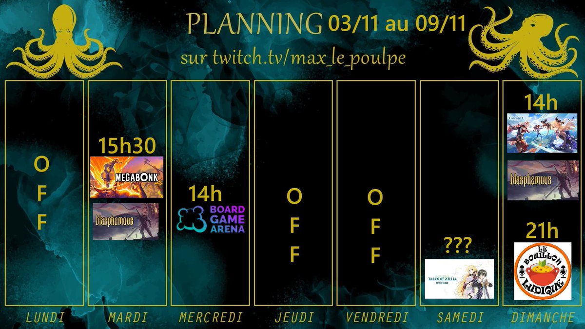 Planning de la semaine!
Demain on bonk bonk et on avance dans Blasphemous : objectif boss!
Mercredi aprèm bga, venez &lt;3
Samedi soir surement la suite de Tales of Xilia
Dimanche aprèm du jeu vidéo et le soir je suis invité sur la chaine du bouillon ludique pour un quizz J2S!