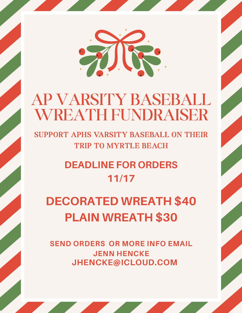 AverillParkCSD's tweet photo. AP Varsity Baseball is holding its annual wreath fundraiser to support the team’s trip to Myrtle Beach. 🎄 Decorated wreaths $40; plain wreaths $30. Wreaths will be hand-delivered by varsity players during the first week of December. #AP_EveryStudentEveryDay https://t.co/jmErkZOPGh