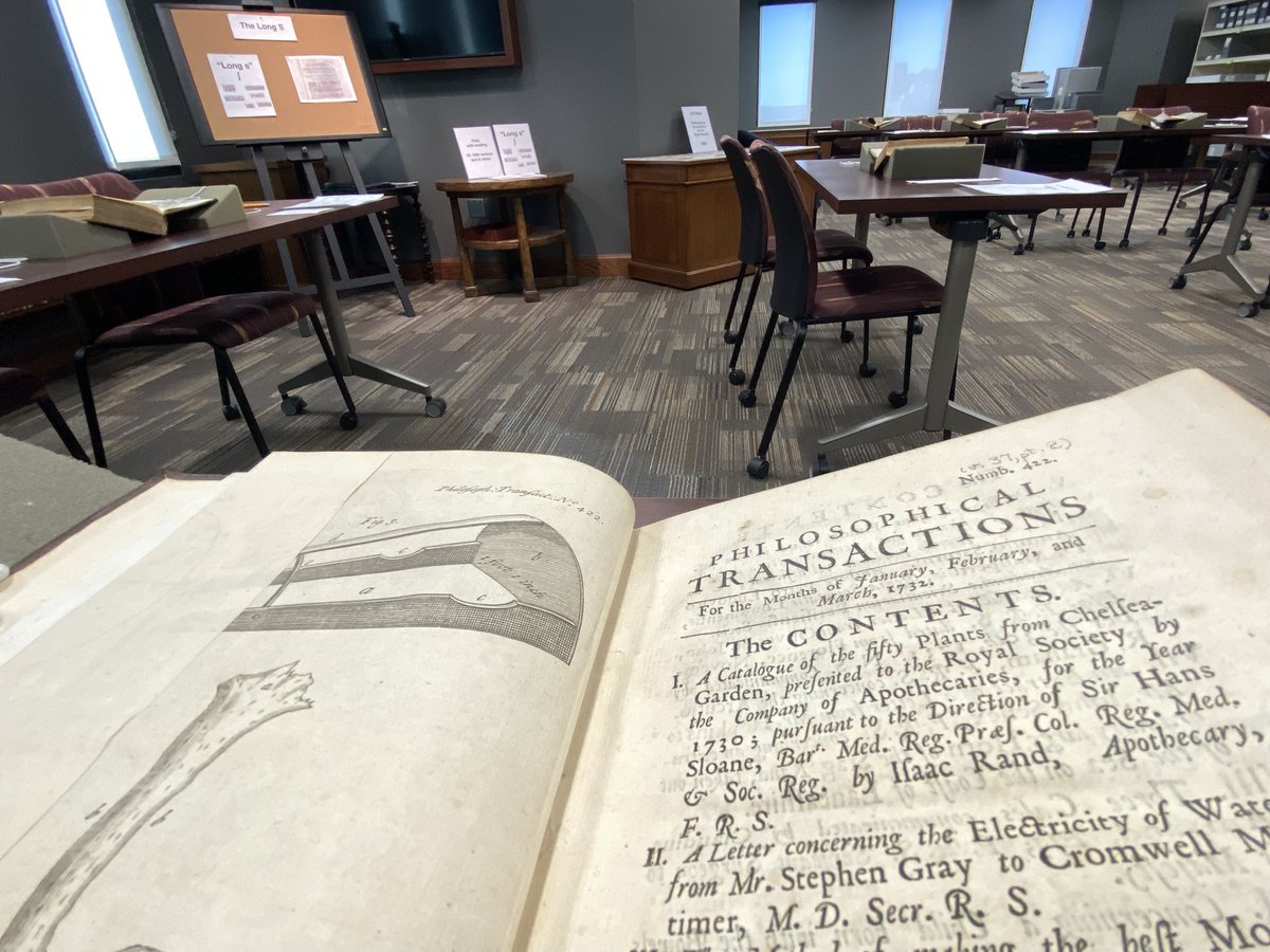 PalmeriJoAnn's tweet image. #SpecialCollections Image-A-Day📚
Another year, another visit by Dr. Vermij’s #HistSci survey class! Students spent quality time with #18thCentury volumes of the Philosophical Transactions of the @RoyalSociety held @OU_Libraries