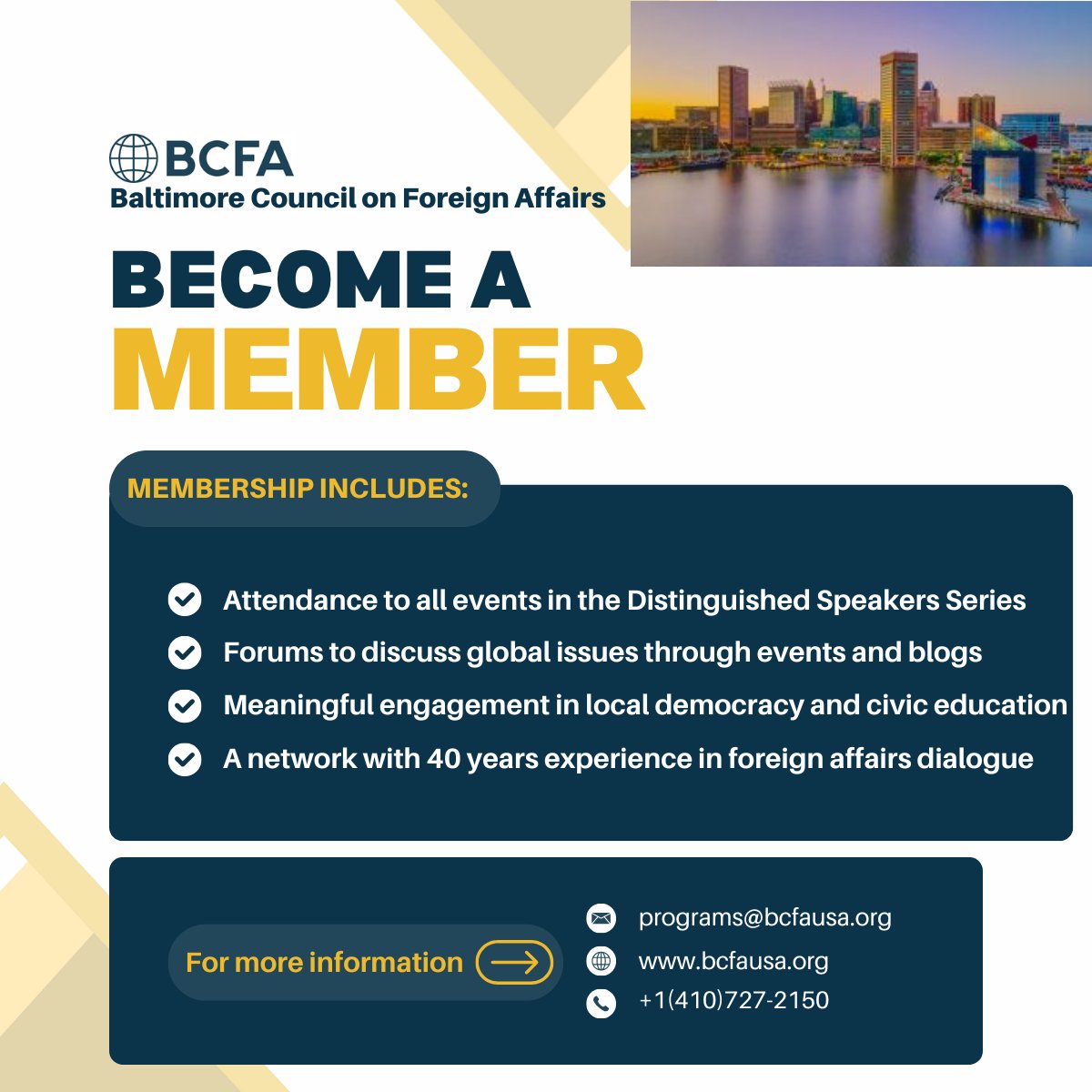 Are you looking for a professional development outlet focused on foreign affairs? For only $60 ($30 for students), you receive free attendance at all BCFA events. Join today and begin growing your knowledge and network!