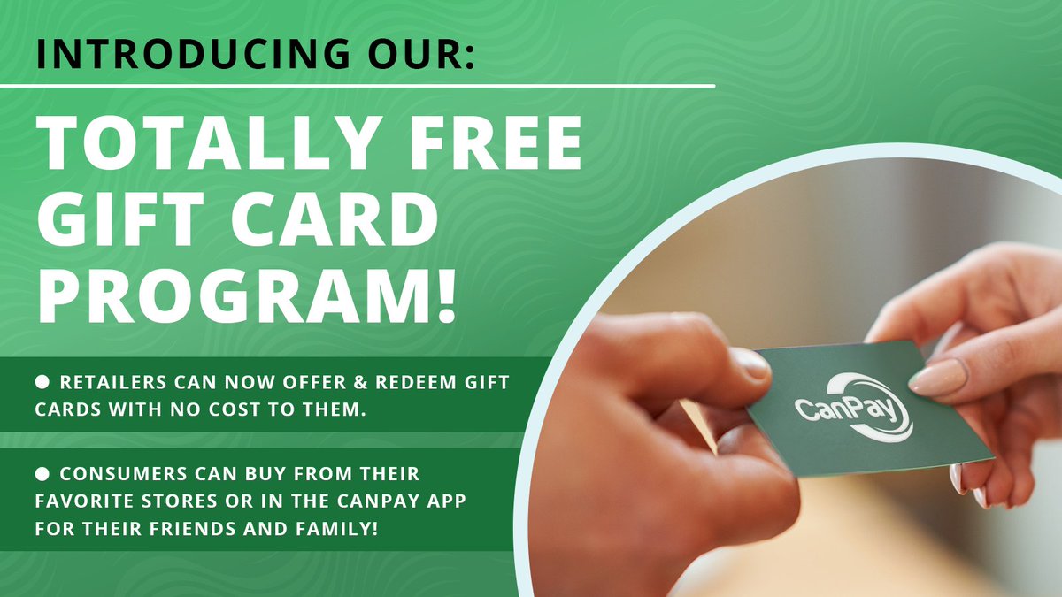 Introducing our new FREE Gift Card Program, letting retailers offer &amp; redeem gift cards with no cost to them!

Read more:

prnewswire.com/news-releases/…

#CanPay #YesWeCanPay #GiftCards #CashlessPayments #RetailSolutions #CannabisPayments