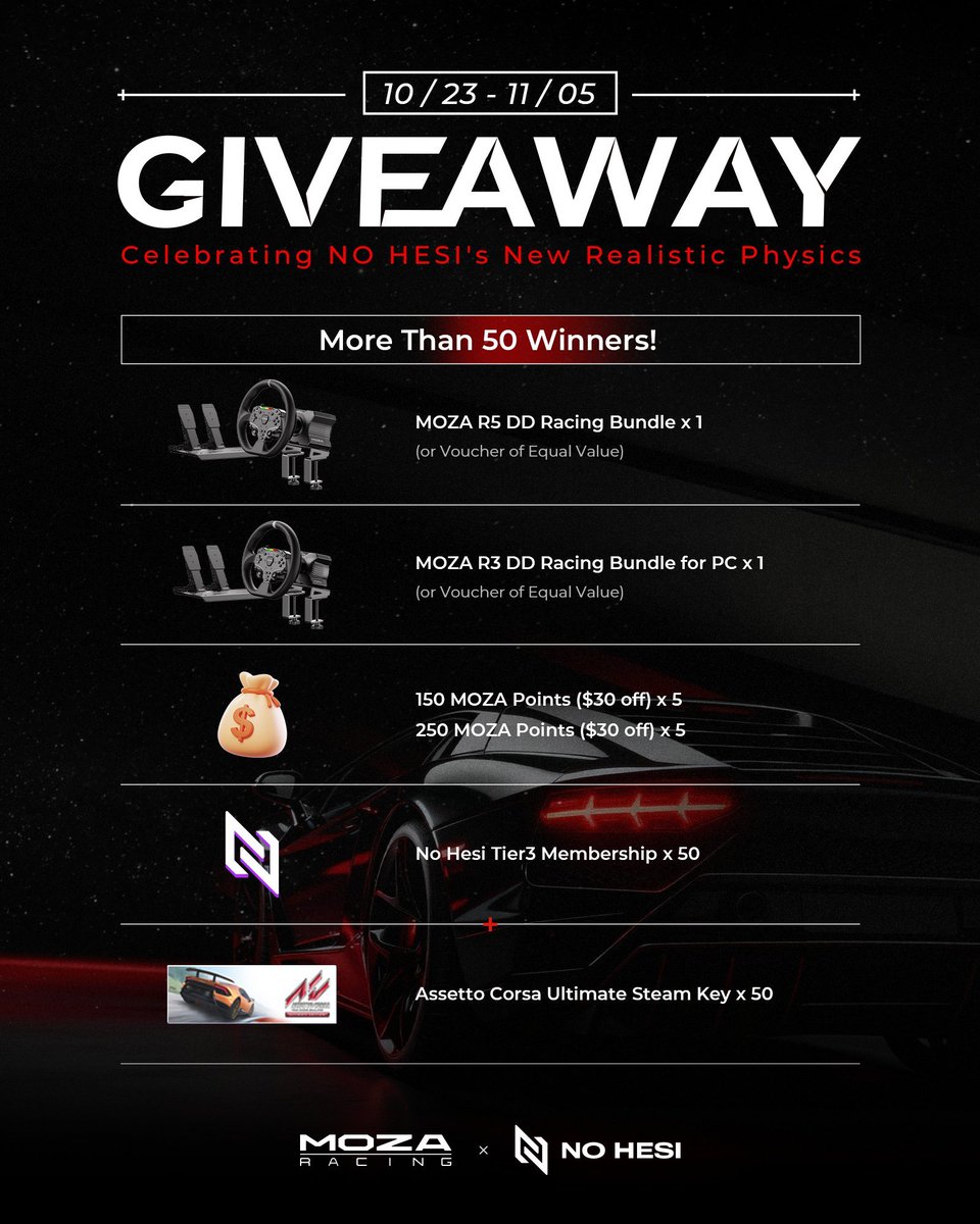 Only one day left to join our giveaway with <a href="/moza_racing/">MOZA Racing</a> 
! 🎉Over 50 prizes are up for grabs enter now for your chance to win! And don’t miss out on trying our latest Physics System, fine-tuned with MOZA sim racing gear. 

📷Prizes: • 1 x MOZA R3 bundle for PC(or voucher of
