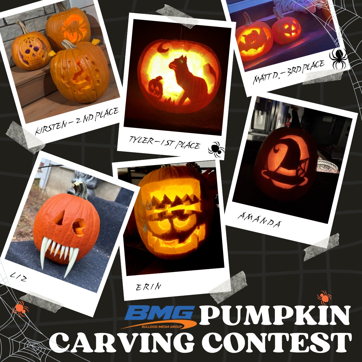 BulldogMediaGr's tweet photo. #MondayFunday! 

Last week our team took on the challenge of carving pumpkins. Here were our results! Congrats to Tyler, Kirsten and Matt for winning the contest!

#TeamBMG https://t.co/YL0kxoAj47