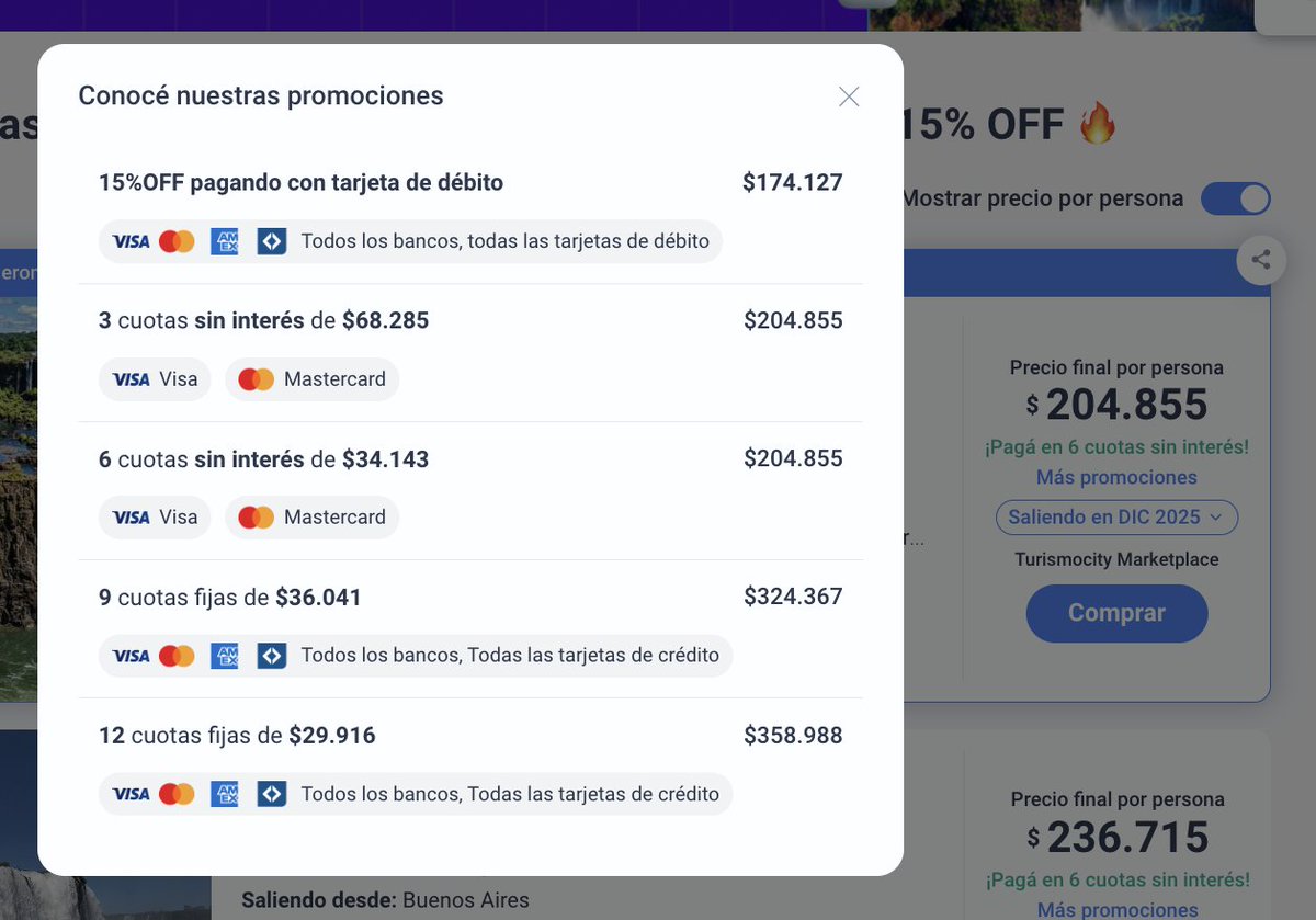 ⏰ ¡Solo por tiempo limitado! Paquetes por Argentina desde $174.000 pagando con débito 🔥 o en 6 cuotas de $34.140!

🇦🇷 Todos incluyen vuelos + hotel + traslados + asistencia al viajero.

🤩 Mirá todas las fechas acá: turismo.city/4oIXVHm