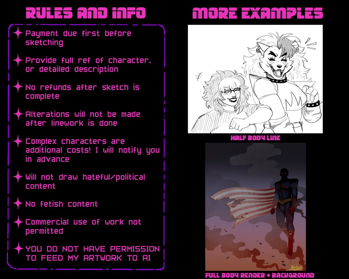 BIG ANNOUNCEMENT!
My comms are officially open! I’m opening 4 slots! More info below! And feel free to dm me if you have any more questions :)