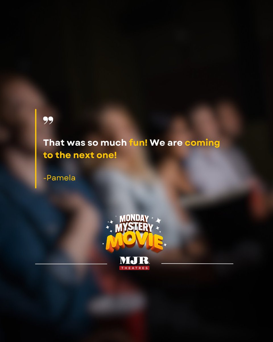 mjrtheatres's tweet photo. Pamela had a blast โ and you will too! ๐ฌ
The next Monday Mystery Movie premieres in ONE WEEK โ 11/10! ๐โจ
Donโt miss the surprise everyoneโs talking about. ๐๏ธ
๐ https://t.co/uZVCKLo28U
#MondayMysteryMovie #MJRTheatres #ItsMoreFunAtMJR https://t.co/G8mJBf9RvO