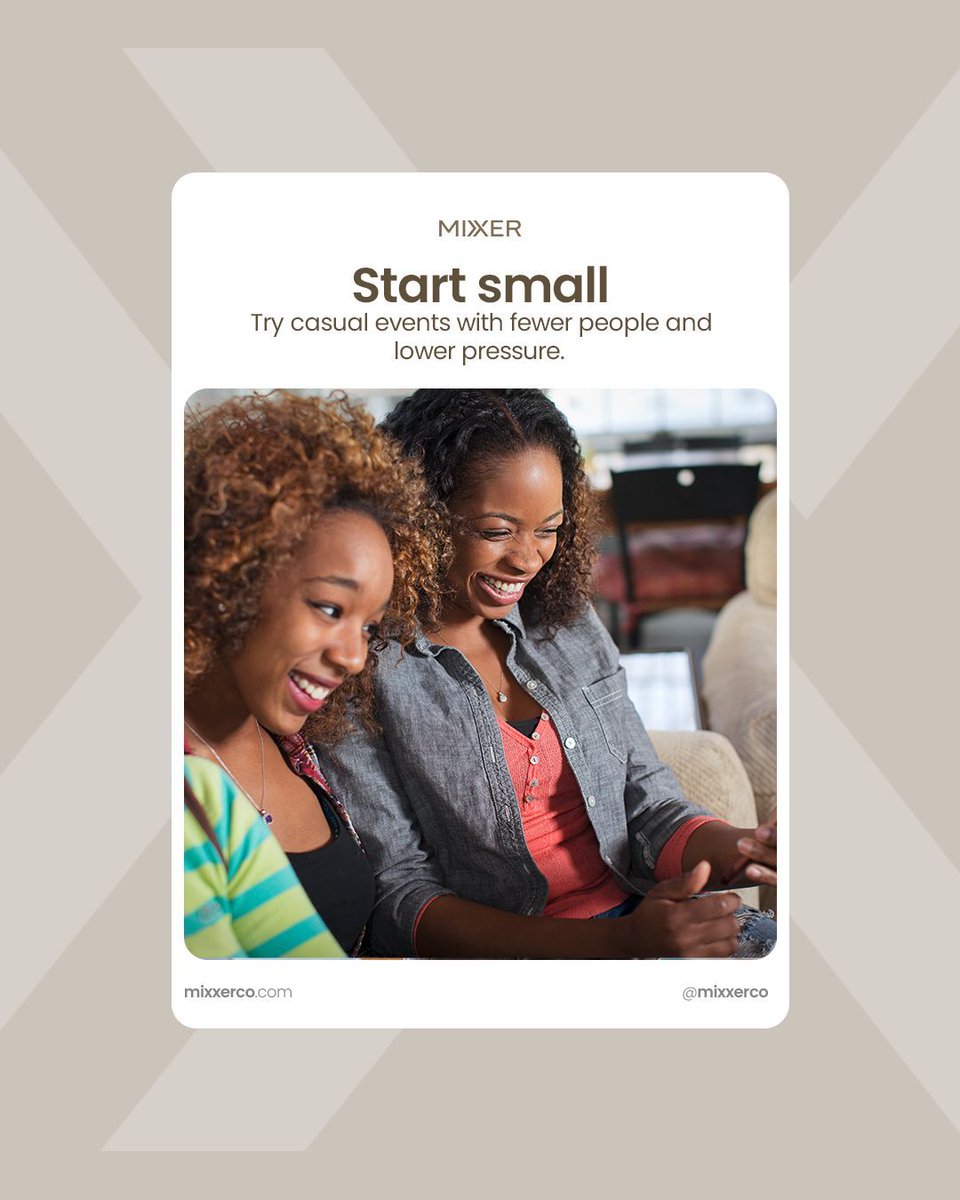 Mixxerco's tweet photo. Tired of forced small talk? Mixxer helps you make real friends through small, relaxed events where you can just be yourself. 🌿 Start slow, bring a friend, and find your people. 
🔗 https://t.co/PTonsBOZaG https://t.co/ZlHF9nwDGB