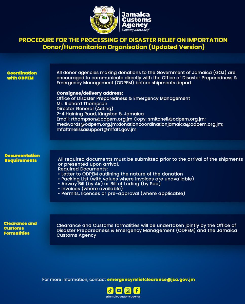 We continue to simplify the process so help gets to those who need it most. 

This updated version of the Procedure for the Processing of Disaster Relief on Importation is specifically for donor and humanitarian organisations coordinating shipments through ODPEM.