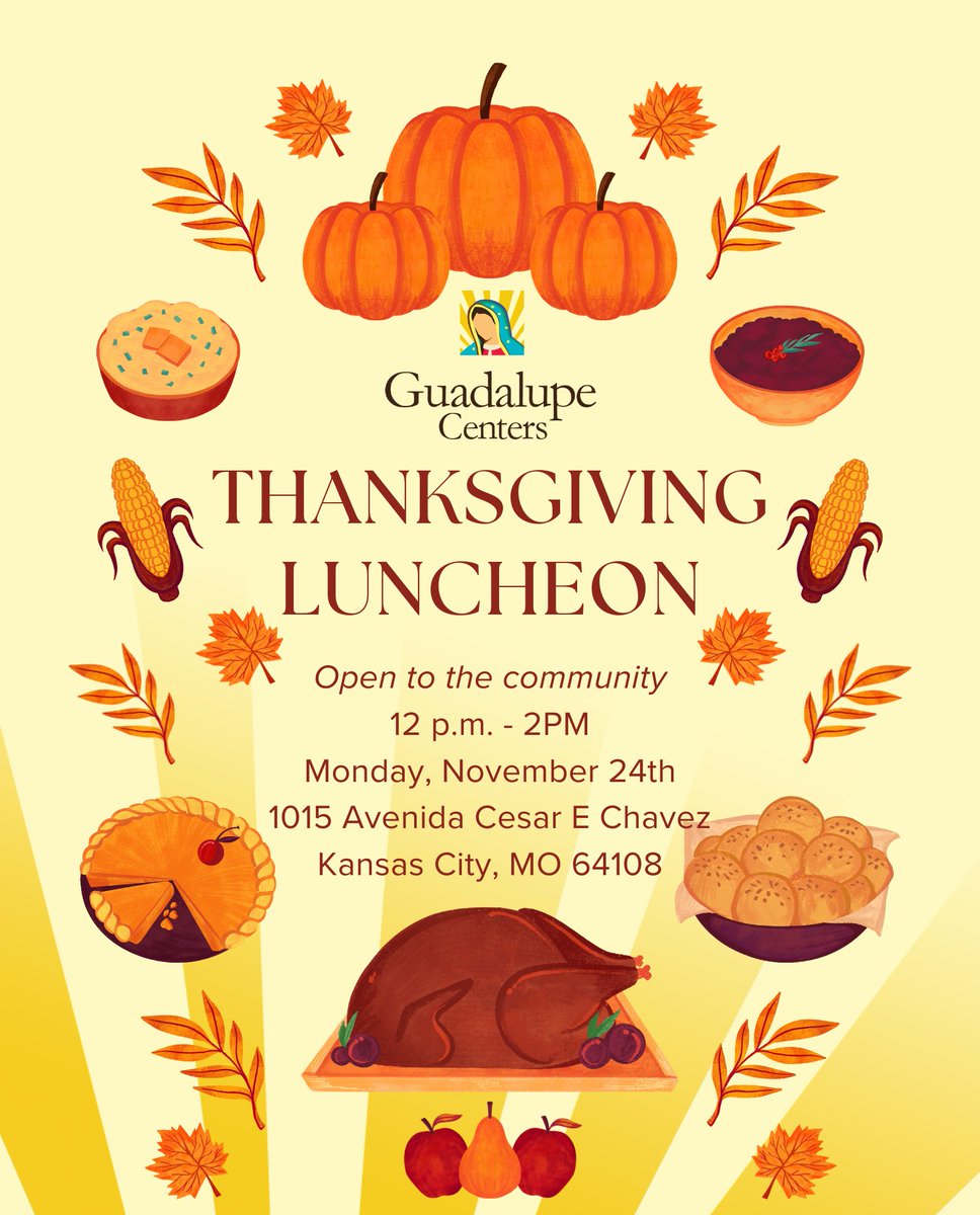 GCI1919's tweet image. Thanksgiving is almost here! 🦃 Join the GCI crew for a community Thanksgiving lunch on November 24th — all are welcome!

#gracias #noviembre #thanksgiving #celebrar #lunch #community #nonprofit #organizationsinkc #westside #KCMO #guadalupecenters