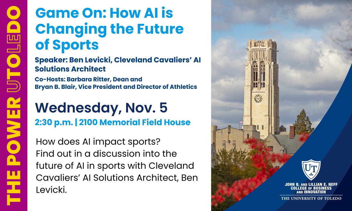 Ever wonder how AI impacts sports? Or how AI can be adopted on the business side of sports? 🏀 🏈 🏒
Join us for a discussion into the future of AI in sports. 
When? ⬇️
Wednesday, Nov. 5
2:30-3:30 p.m.
<a href="/UToledo/">The University of Toledo</a> Memorial Field House Rm 2300
bit.ly/43K7GNv
<a href="/TCPaper/">Toledo City Paper</a>