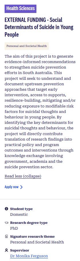Join our team in 2026: A rare PhD opportunity investigating social determinants of suicidal thoughts and behaviour in young people in South Australia, in partnership with Preventive Health SA. Stipend of $40K pa (indexed). Domestic candidates apply here: adelaideuni.edu.au/research/resea…