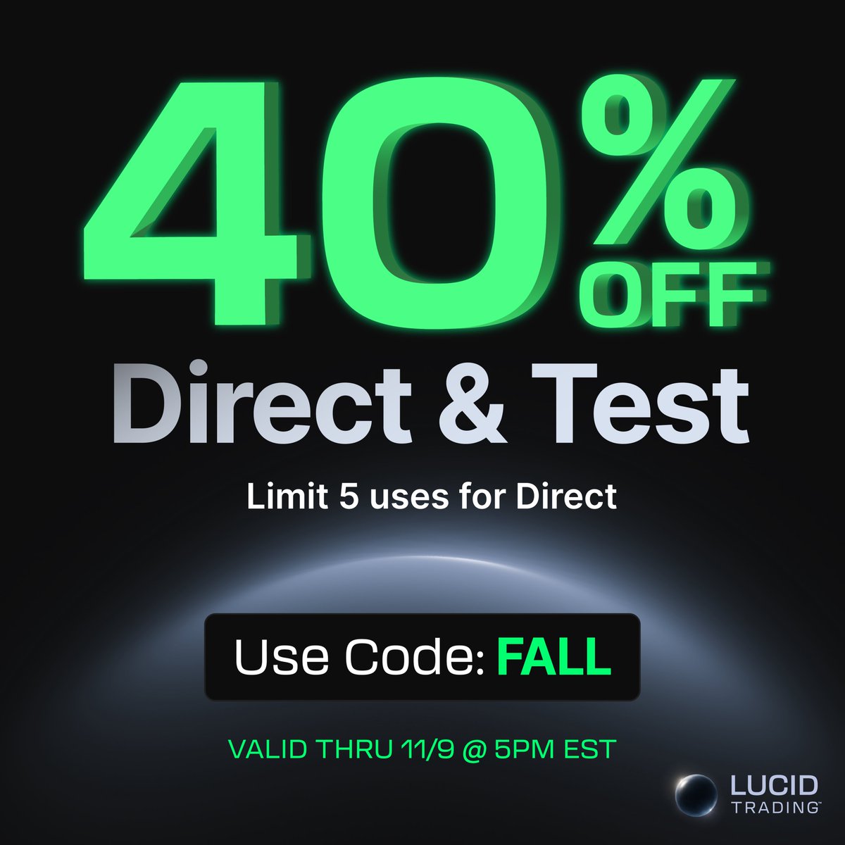 TradingLucid's tweet image. What&apos;s spookier than how many brands use the pun “scary good deals&quot;?  

Seeing no deals at all. Right now, get:

- 40% off LucidDirect (After 5 purchases take 30%)
- 40% off LucidTest (No limits)
- 20% off Resets (Auto applied at checkout)

Don’t be scared, just use code FALL…