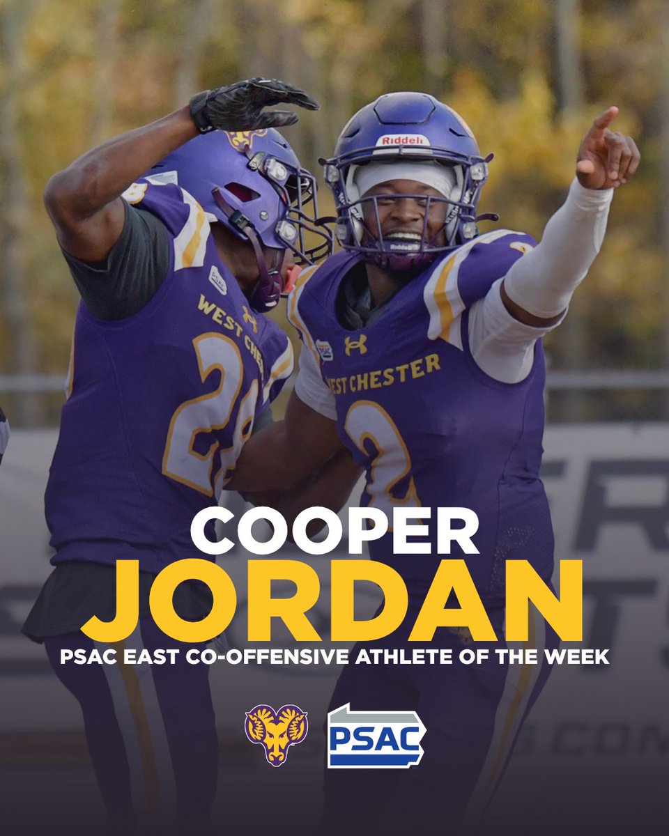 Congratulations to Cooper Jordan on being named PSAC East Co-Offensive Athlete of the Week. In Saturday’s win over Bloomsburg, he went 16-of-22 for 278 yards and three touchdowns, adding 53 rushing yards and another score.