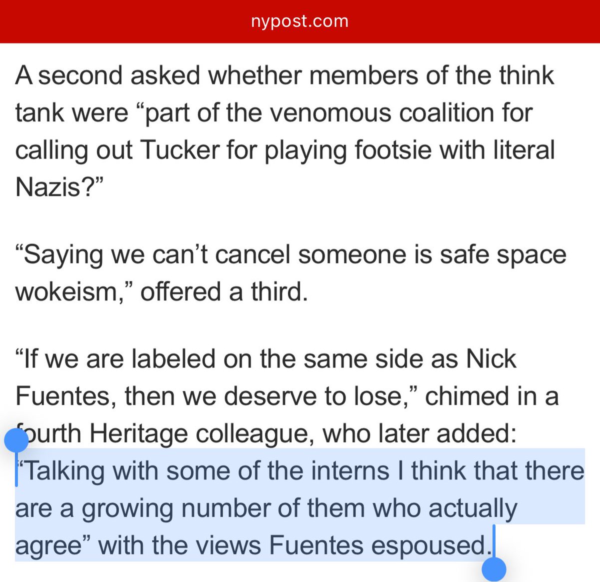 McCormackJohn's tweet image. The @nypost reports that a Heritage staffer worried in a private group chat that a “growing number” of Heritage interns “actually agree” with the views espoused by neo-Nazi Nick Fuentes. x.com/levinejonathan…