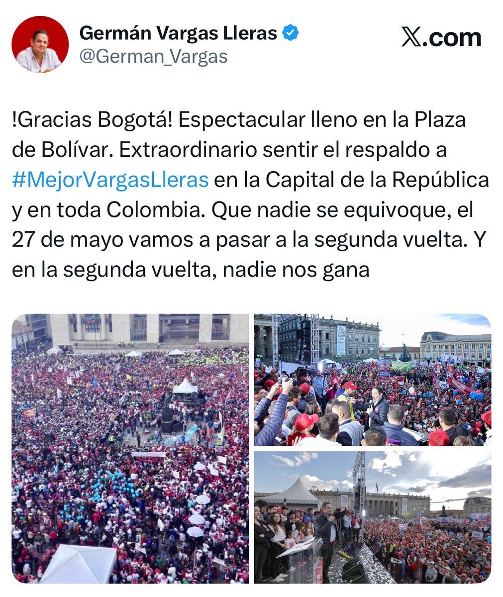 Amiguis recuerden que <a href="/German_Vargas/">Germán Vargas Lleras</a>  llenó la plaza de bolivar en su cierre de campaña en el 2018……. Y no sacó si 1.500.000 votos. A mí no me vengan con que Abelardo llenó una parte del Movistar y ya es presidente
