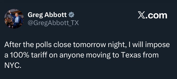 Gubernator Teksasu: Po jutrzejszym zamknięciu lokali wyborczych nałożę 100-procentowe cło na każdą osobę przeprowadzającą się z Nowego Jorku do Teksasu.

Ładnie się bawią w USA. Taka wojna domowa stale podsycana groźbami, agresją i wymuszeniami. To się źle skończy.