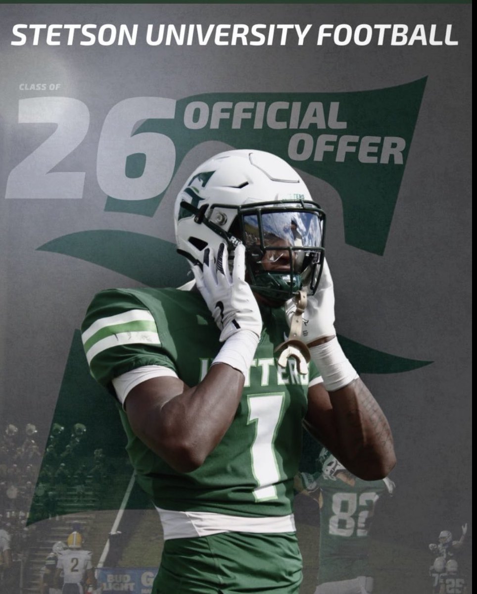 blessed to receive my first Division 1 offer <a href="/StetsonFootball/">Stetson Football</a> Thank you <a href="/CoachSmith91/">Herman Smith</a> and <a href="/CoachKLBs/">Dustin Kincaid</a> for this amazing opportunity 

<a href="/CoachTCip/">Coach Cipriano</a>  <a href="/FBCoach_Rahn/">Coach Matthew Rahn</a>  <a href="/Dupage_Football/">College of DuPage Football</a>