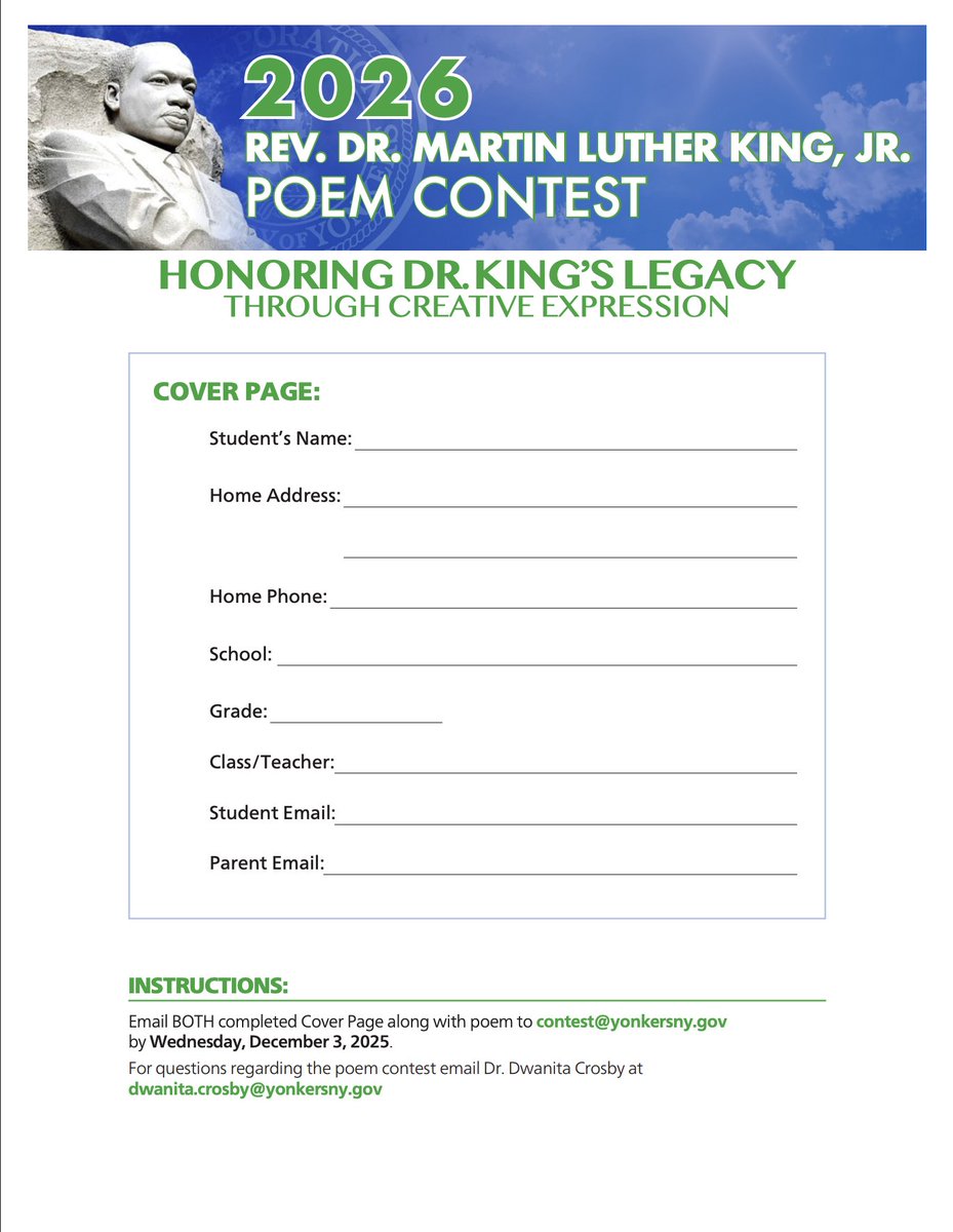 Calling all Yonkers students! 📣 

Mayor Mike Spano and Yonkers Arts invite you to share an original poem honoring Dr. Martin Luther King Jr.

Selected poets (grades 6–12) will take the stage at the Youth Meet &amp; Poetry Showcase on Thursday, January 8, 2026—celebrating justice,