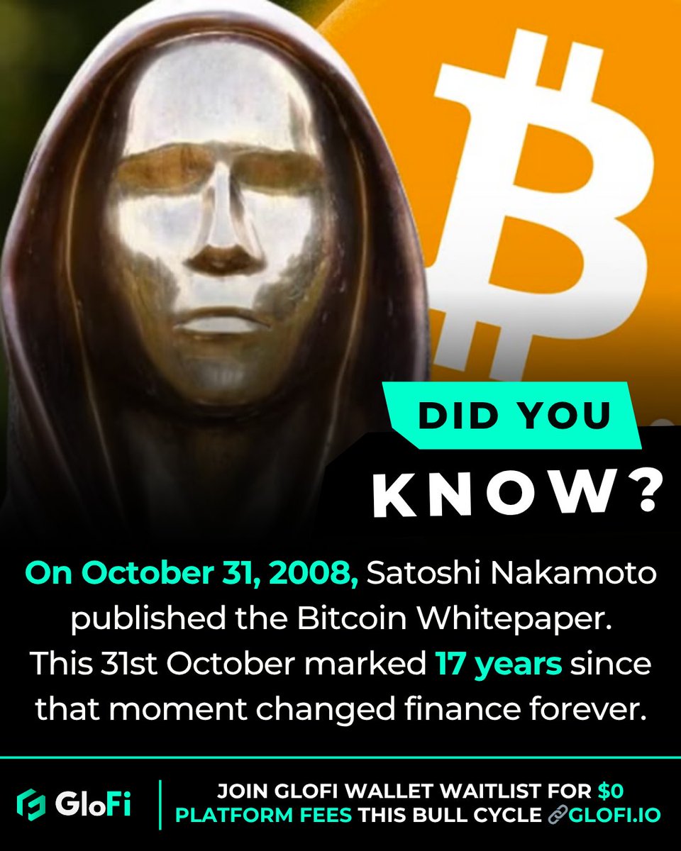 glofi_io's tweet image. 🧠On October 31, 2008, an anonymous figure named Satoshi Nakamoto released a 9-page paper titled “Bitcoin: A Peer-to-Peer Electronic Cash System.”

This year, we celebrate 17 years since the Bitcoin Whitepaper.

🧡 Happy #BitcoinWhitepaper Day.
.
.
#Bitcoin #BTC #SatoshiNakamoto