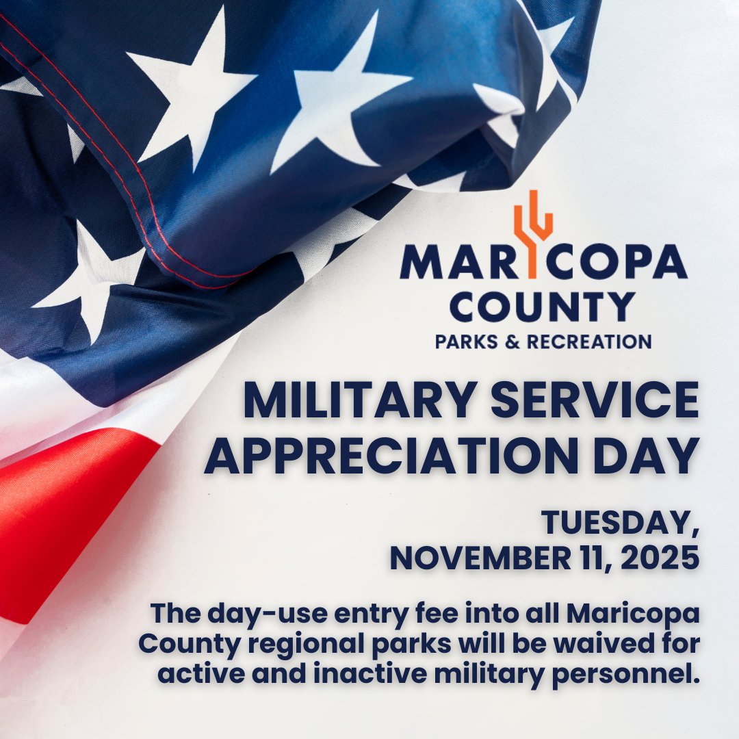 🌵 In honor of #VeteransDay, @MaricopaCounty Parks is waiving day-use entry fees for all active &amp; inactive military on Nov. 11! 

The weather’s perfect — get out, explore, and enjoy your day! 🌞 #MaricopaCountyParks

Details at maricopacountyparks.net/maricopa-count…
