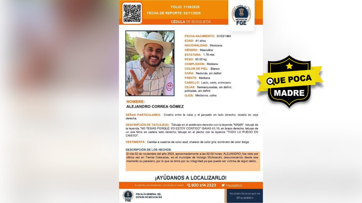 QuePocaMadre_Mx's tweet photo. 😨🔎 ‼TRAS ASESINATO DE CARLOS MANZO, DESAPARECE EX PRESIDENTE MUNICIPAL DE ZINAPÉCUARO‼🚨 🆘
La Fiscalía de #Michoacán, confirmó la desaparición de #AlejandroCorrea Gómez, exalcalde del municipio de #Zinapécuaro, quien fue visto por última vez en la localidad de Tierras Coloradas, municipio de #Hidalgo, al oriente del estado.
Todo esto sucede después del asesinato de #CarlosManzo.
@FiscaliaMich @GobMichoacan @ARBedolla @Claudiashein @PartidoMorenaMx