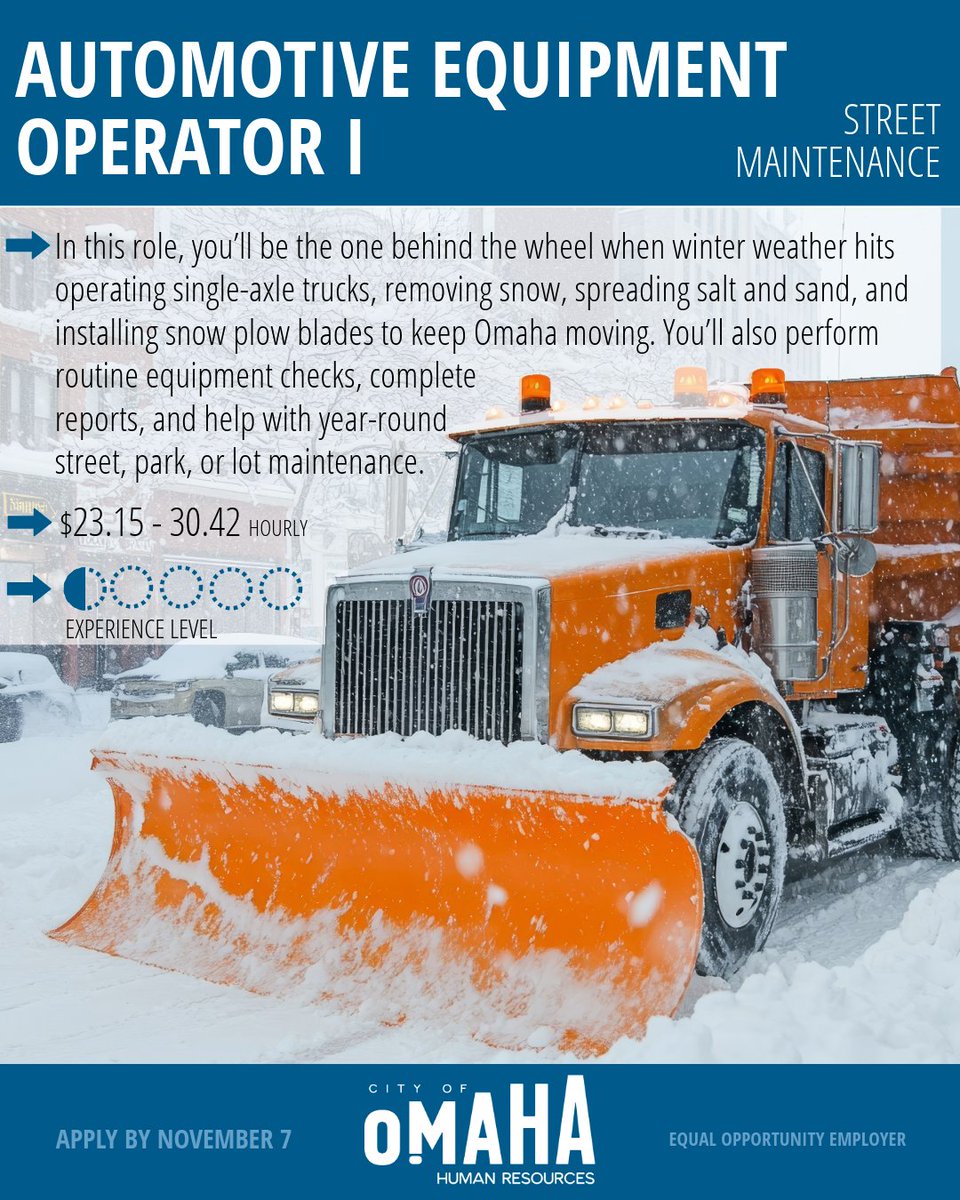 ❄️🚜 No snow yet—but winter’s coming! Join the City of Omaha as an AEO I Operator. No experience needed—we’ll pay for your CDL &amp; train you! Apply by Nov 7 👉 go.cityofomaha.org/3181 #OmahaJobs #PlowCrew