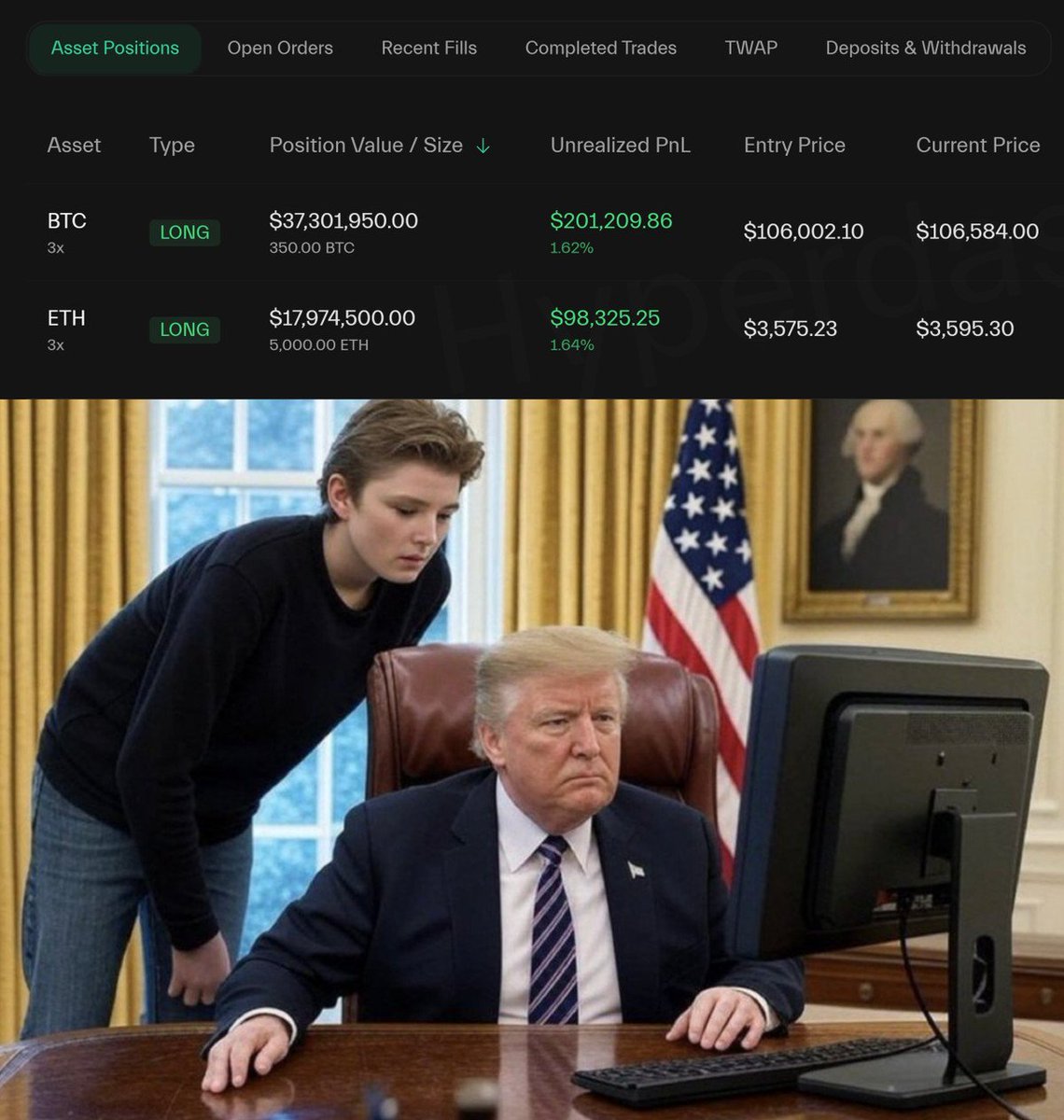 Danny_Crypton's tweet image. 🚨 BREAKING

TRUMP INSIDER WITH %100 WIN RATE JUST OPENED $𝟱𝟱 𝗠𝗜𝗟𝗟𝗜𝗢𝗡 LONGS $BTC AND $ETH AGAIN

HE&apos;S NEVER LOST A TRADE AND CURRENTLY UP $𝟱 𝗠𝗜𝗟𝗟𝗜𝗢𝗡 IN JUST A FEW HOURS

HE DEFINITELY KNOWS SOMETHING 👀