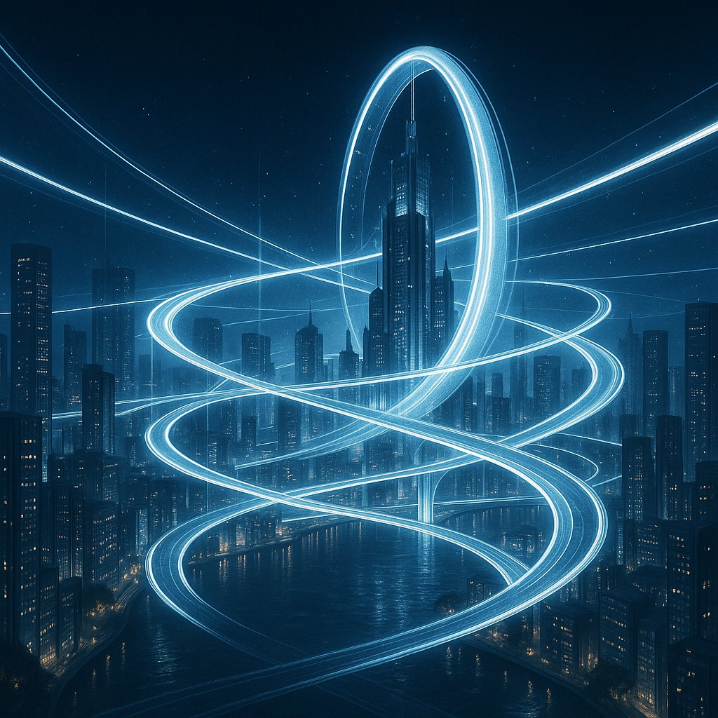 funfungen's tweet image. 🌃白光の回廊都市  
白い光が都市を巡り、空中に無数の回廊を描く。夜の街は静かに輝き、未来の夢を映す。  
#幻想風景 #都市 #光の回廊 #未来景